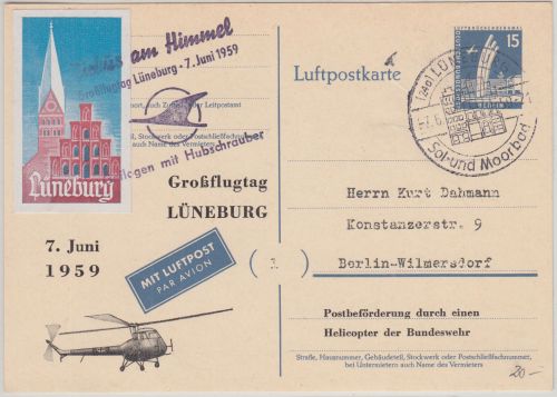Berlin - 15 Pfg. Ganzsache Zudruck Großflugtag Lüneburg Helikopterpost 1959