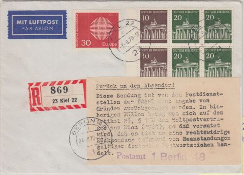 BRD/Postkrieg - Brandenburger Tor MH-Blatt u.a. Einschreibebrief i.d. UdSSR 1970