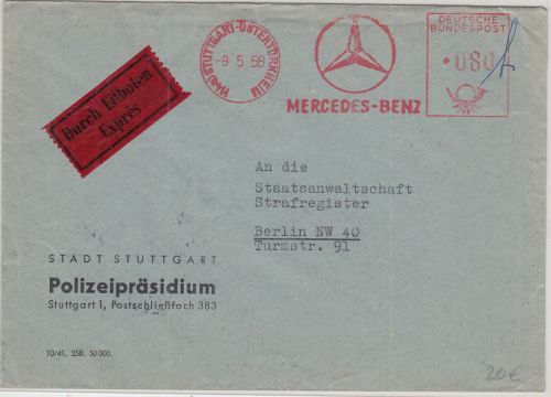 BRD - Stuttgart-Untertürkheim 1958 80 Pfg. AFS Merzedes-Benz Eilbrief n. Berlin