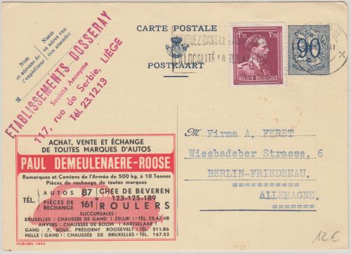 Belgien - 90 C. Löwe Ganzsache Werbezudruck Automobilhandel Liege - Berlin 1952