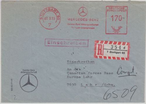 BRD - Stuttgart 1973 170 Pfg. AFS Mercedes Benz Einschreibebrief n. Lahr (!!)