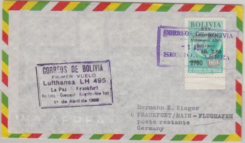 Bolivien - 2,80 P/2700 B. 25 J. Automobilclub Luftpostbrief LH-Erstflug 1969