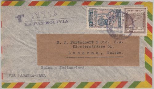 Bolivien - 5 B. Automobilrennen u.a. Lupo-Einschreibebrief i.d. SCHWEIZ 1950