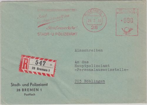 BRD - Bremen 1966 Satdt-u. Polizeiamt 90 Pfg. AFS Einschreibebrief n. Böblingen