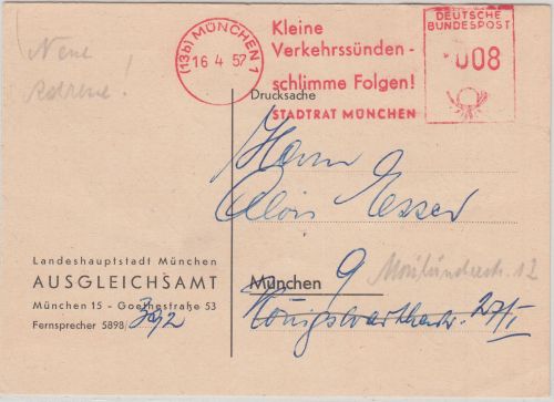 BRD - München 1952 Verkehrssünden/Stadtrat München 8 Pfg. AFS Ortskarte