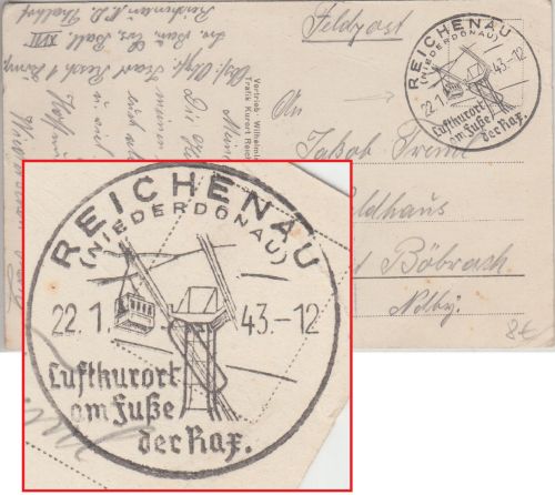 DR - Reichenau 1943 Handwerbstpl. Bergbahn Feldpostkarte n. Böbrach