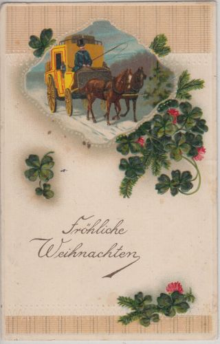 Weihnachten - Postkutsche Winter Tannenzweige farb. Prägekarte ca. 1910
