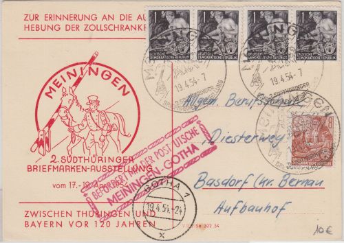 DDR - Meiningen 1954 Sonderkarte befördert m. Postkutsche n. Gotha