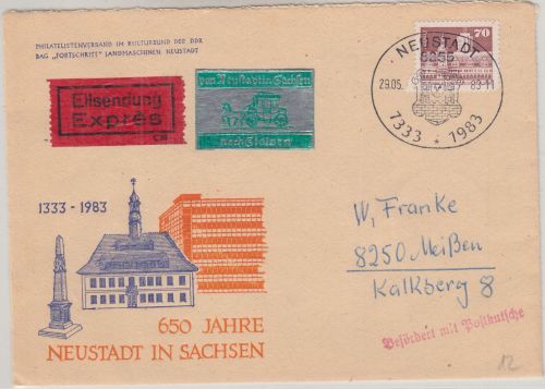 DDR - Neustadt 1983 Eilbrief m. Postkutsche n. Stolpen Weiterleitung Meißen