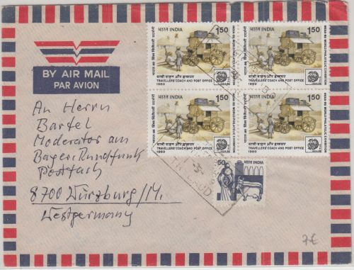 Indien - 4x1,50 R. Postkutsche u.a. Luftpostbrief Paruthikuzhi - Würzburg 1989