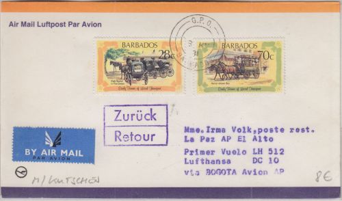 Barbados - 28+70 C. Kutschen Luftpostbrief Lufthansa Zuleitungspost 1981