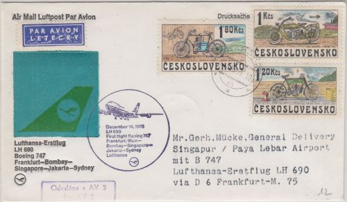 CSSR - 1,80 Ks. u.a. Motorräder Zuleitungspost LH-Erstflug n. SINGAPUR 1976