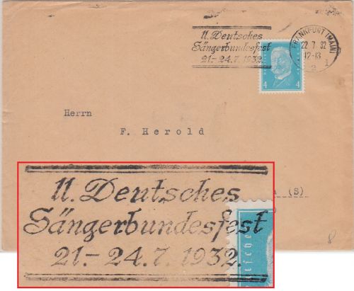 DR - Frankfurt a/M. 1932 11. Dt. Sägerbundesfest Masch.werbestpl. Drucksache