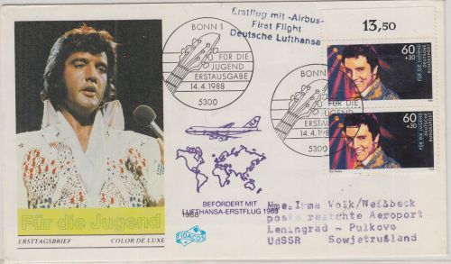 BRD - 2x60 Pfg. Elvis Presley Schmuck-FDC LH-Erstflug n. Leningrad UDSSR 1988