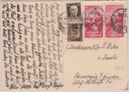 Italien - 2x20 C. Stradivari u.a. Karte Turin - Obermenzing 1938