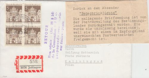 BRD/Postkrieg - Jettingen 1966 Einschreibebrief i.d. UdSSR Retourzettel/-stempel