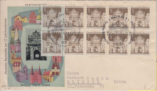 BRD/Postkrieg - 10x5 Pfg. Stettin Schmuck-FDC n. POLEN ESST Bonn 1966