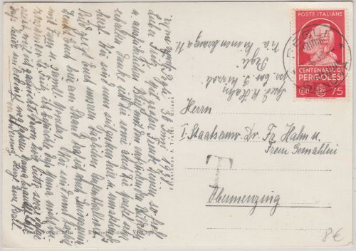 Italien - 75 C. Pergolesi Karte Pegli - Obermenzing 1938 Taxstempel