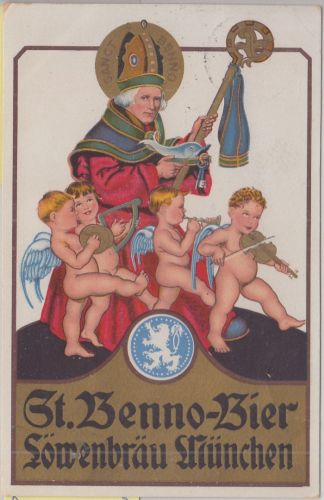 Bayern - München Löwenbräu St. Benno-Bier farb. Werbekarte gelaufen 1933