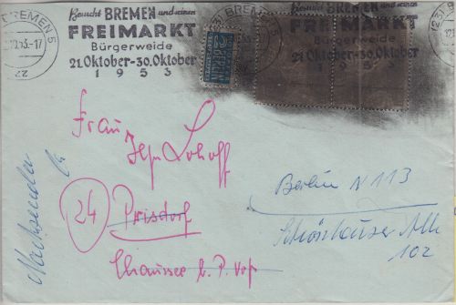 BRD/Postkrieg - 2x10 Pfg. Kriegsgefangene/Schwärzung Brief i.d. DDR Bremen 1953