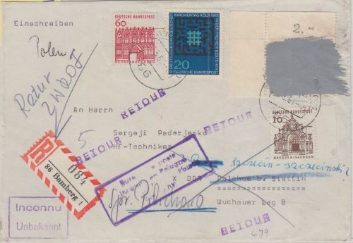 BRD/Postkrieg - 20 Pfg. Vertreibung/Übermalung ua. Einschreibebrief Bamberg 1967