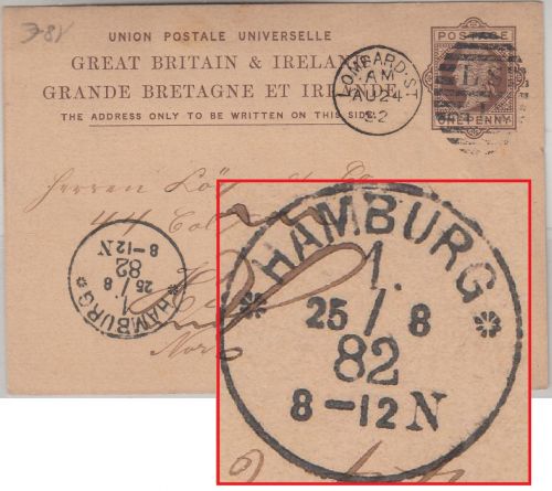 DR - Hamburg 1 ** 25/8 82 Haller Ank.stempel England 1 P. Ganzsache v. London
