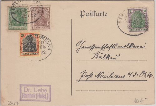 DR - Berlin Hamburg Bahnpost Zug 204 Karte Reinbek - Neuhaus 1922