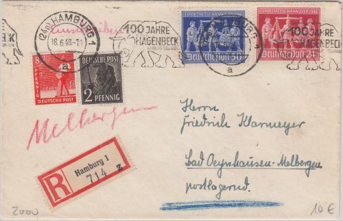 All.Bes. - 50+24 Pfg. Expo Hannover u.a. Einschreibebrief Hamburg 1948