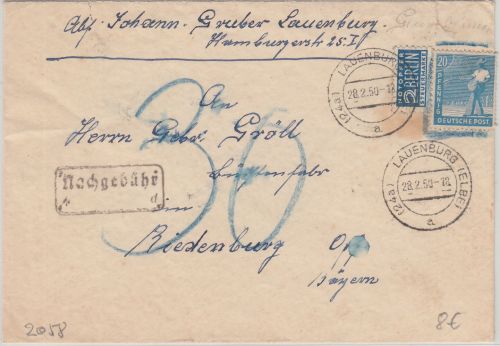 Bizone - 20 Pfg. Arbeiter + Notopfer Brief Lauenburg - Riedenburg 1950 Nachporto
