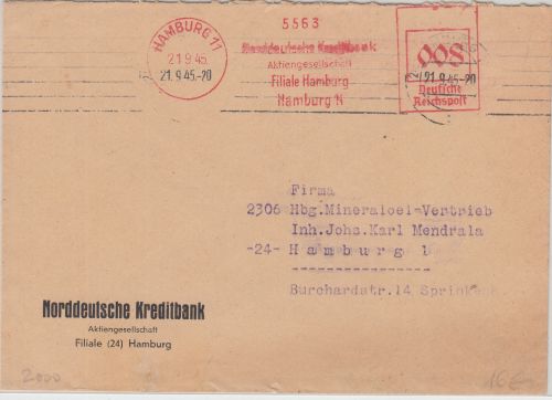 All.Bes. - Hamburg 11 21.9.45 Norddeutsche Kreditbank AFS Ortsbrief