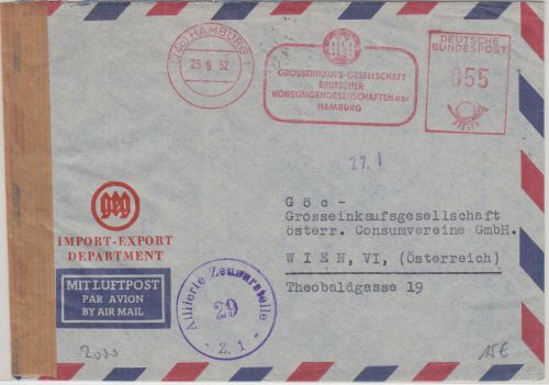 BRD - Hamburg 1952 55 Pfg. AFS Luftpost-Zensurbrief n. ÖSTERREICH (Wien)