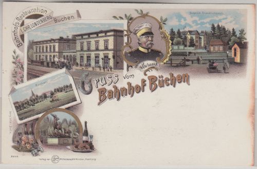 Schleswig-Holstein - Büchen Bahnhof Bismarck farb. Mehrbildlitho ca. 1895