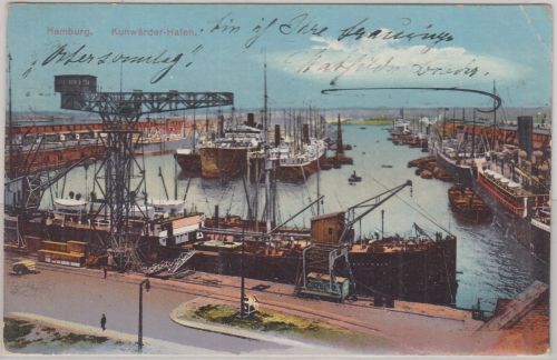 Hamburg - Kuhwärder Hafen Frachtschiffe Kran farb. AK gelaufen 1911