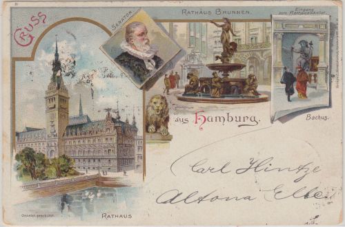 Hamburg - Rathaus Rathausbrunnen Senator farb. Mehrbild-AK gelaufen 1897