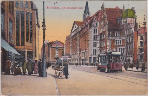 Hamburg - Mönckebergstraße Straßenbahn farb. AK gelaufen 1914