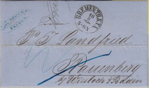 Thurn&Taxis/Baden - Bremen Th&T 16/8 K1 Portobrief n. Rauenberg 1864