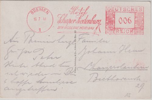 DR - Bremen 1941 6 Pfg. AFS Hotel Schaper Siedenburg Karte n. Kaiserslautern