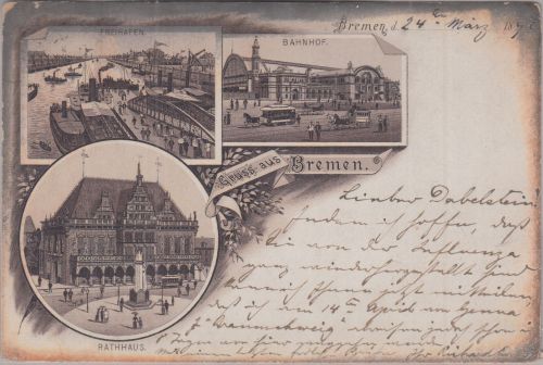 Bremen - Rathaus Bahnhof Freihafen sw-Mehrbildlitho Vorläuferkarte gelaufen 1890