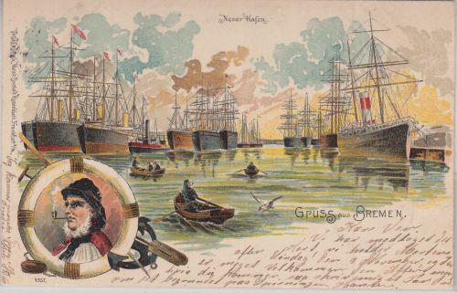 Bremen - Neuer Hafen Frachtschiffe Seemann Farblitho gelaufen 1901