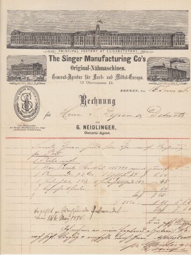 Bremen - The Singer Manufacturing Co. Nähmaschinen Rechnung 1877