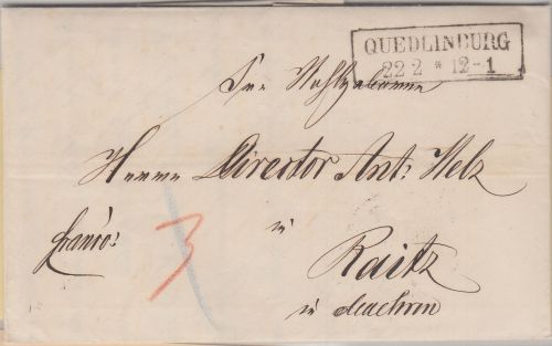 Preussen - Quedlinburg 22/2 Ra2 Francobrief n. ÖSTERREICH (Raitz/Mähren) 1862
