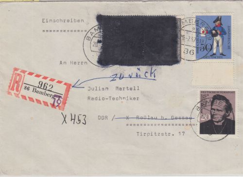 BRD/Postkrieg - 2x20 Pfg. Vertreibung/Übermalung u.a. Einschreibebrief i.d. DDR