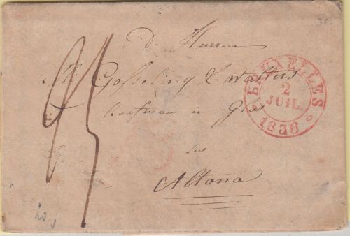 Belgien/Dänemark - Brüssel 1836 roter K2 Portobrief n. Altona - mit Inhalt