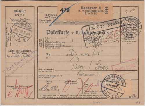 DR - Hannover 4 Engelhardt & Co. Paketkarte/Selbstbucher id. SCHWEIZ (Bern) 1928