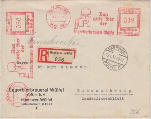 DR - Hannover-Wülfel 1937 12+30 Pfg. AFS Lagerbierbrauerei Einschreibebrief