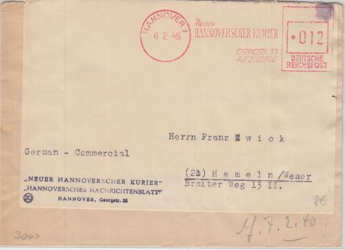 All.Bes. - Hannover 1946 12 Pfg. AFS Hannoverscher Kurier Brief n. Hameln