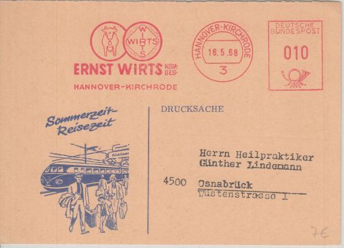 BRD - Hannover-Kirchrode 1968 10 Pfg. AFS Wirts KG Drucksache n. Osnabrück