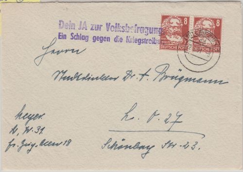DDR - "Dein JA zur Volksbefragung..." viol. L2 Ortsbrief Leipzig 1951