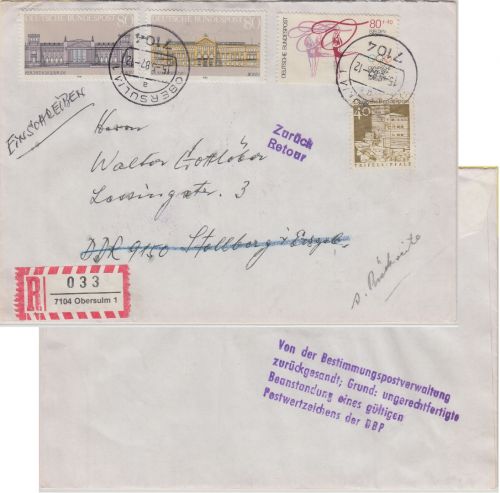 BRD/Postkrieg - 80 Pfg. Reichstag ex Block u.a. Einschreibebrief i.d. DDR 1987