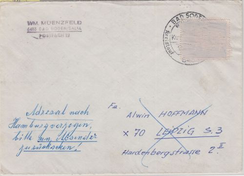 BRD/Postkrieg - 20 Pfg. Vertreibung Brief i.d. DDR Bad Soden - Leipzig 1965